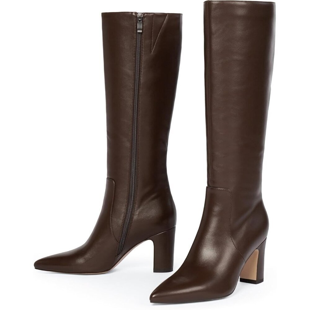 Women Dark Brown Chunky Heel Pointed Toe Side Zipper Fall Dresy Comfortable Boot - Picture 7 of 9